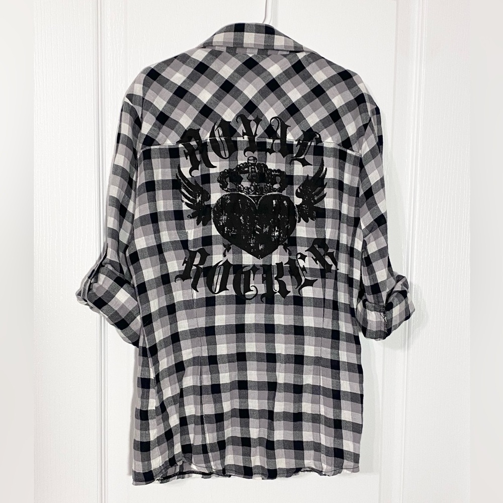 Y2K bebe ‘Royal Rocker’ Back Graphic Plaid Flannel Shirt Vintage XS